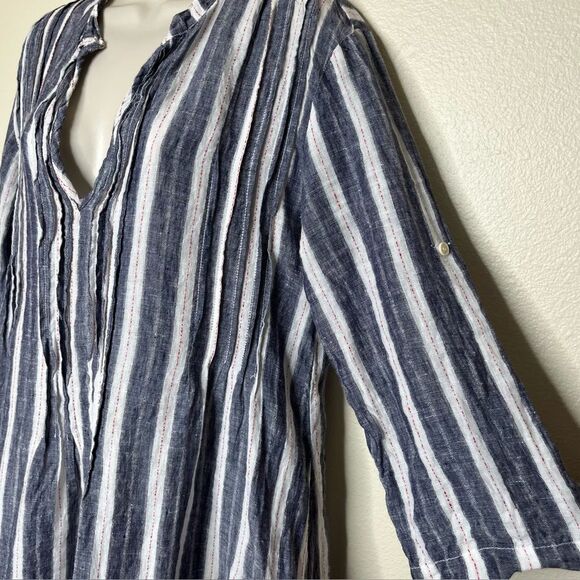 CP Shades Regina 100% Linen Pintuck Tunic Dress Chambray Stripe Women Medium - Picture 5 of 16
